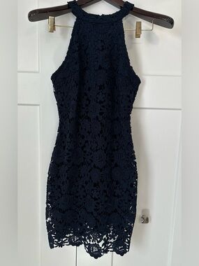 Lulu's Navy Floral Lace Halter Mini Dress